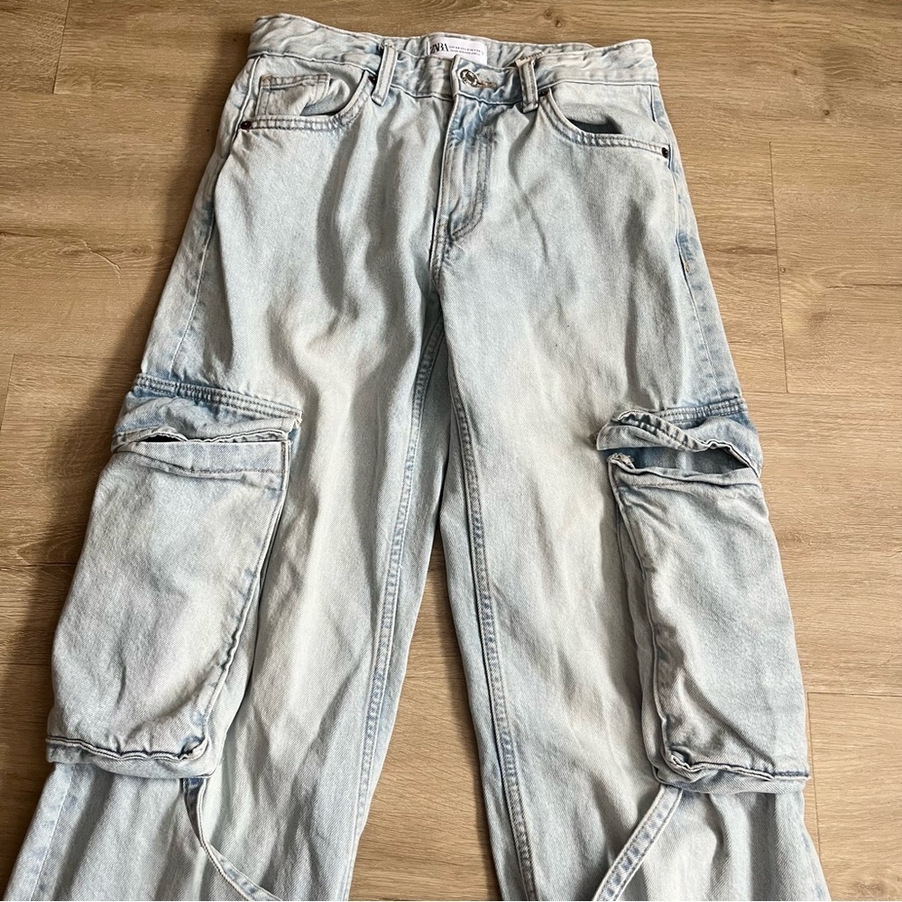 Zara Women's Jeans Blue Denim Cargo Wide Leg 100% Cotton Boho Hippie Streetwear - Picture 4 of 8